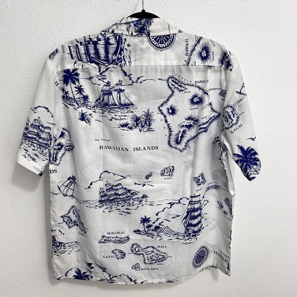 Helenas Hawaiian Islands Map Shirt Men XL White Sailing Beach Camp Button Up USA - Picture 6 of 8